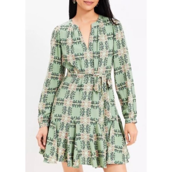LOFT Dress New Size Small Tiled Vine Green Dress w/ Tie Long Sleeve NWT - Picture 11 of 13